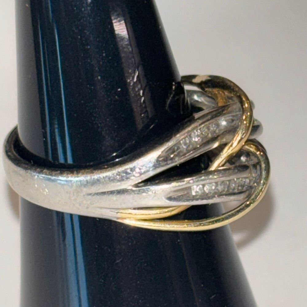 2 tone 14k yellow gold & 925 silver infinity twist knot ring w/diamonds Sz 7 - Picture 5 of 10